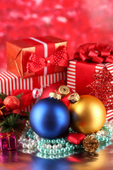 Christmas decoration and gift boxes on golden background