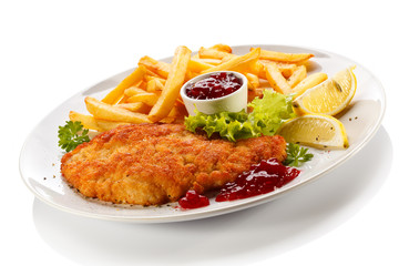 Pork chop, French fries and lingonberry