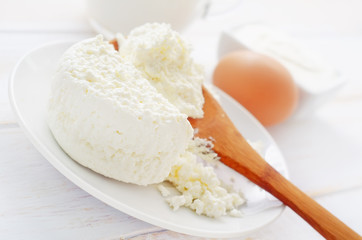Milk products, fresh cottage in the white plate