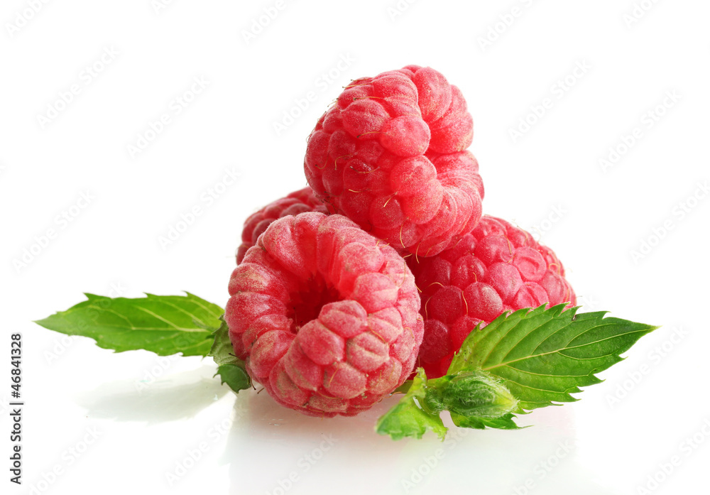 Poster ripe raspberries with mint isolated on white