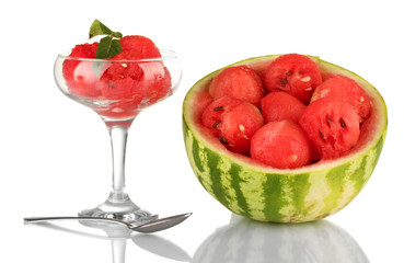 A glass of watermelon ice cream and half watermelon isolated