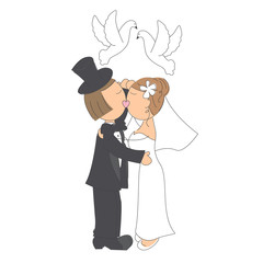 Wedding couple kissing and release of doves