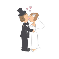 Wedding couple kissing on white background