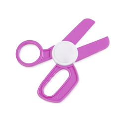 Plastic toy scissors isolated on white background