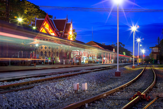 HuaHin railway station at night, Thailand