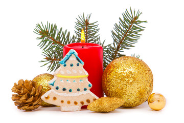 Christmas decorations and advent candle on white background.