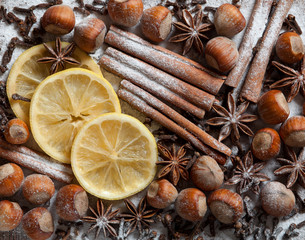 Set of spices, star anise, cinnamon and cloves