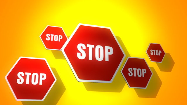 Animated stop sign jumping into the screen over yellow background