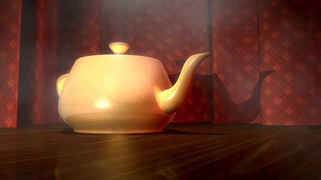 Animated teapot jumping around the screen with steam coming out of it