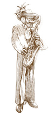 sax player, old man - hand drawing