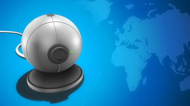 Web camera looking around the screen on blue world map background