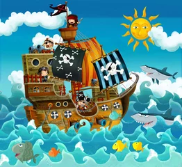 Papier Peint photo Lavable Pirates Les pirates sur la mer - illustration pour les enfants