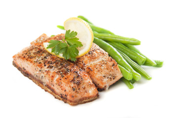 Grilled salmon steak and vegetables