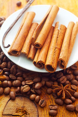 cinnamon and coffee on the white plate