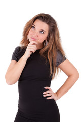 Thoughtful young caucasian woman looking up