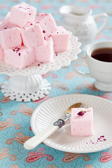 Homemade vanilla and rosewater marshmallows, selective focus
