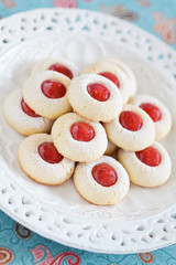 Homemade almond cookies filled with jam, selective focus