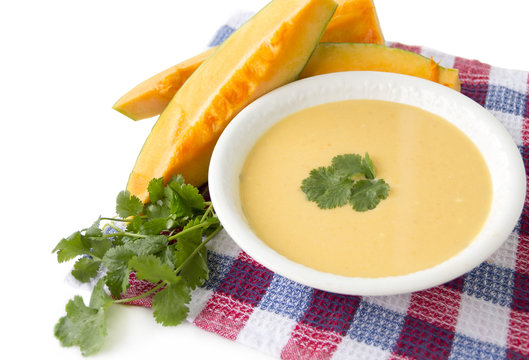 Pumpkin Soup And Pumpkin Slices With Green Coriander