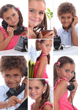 Montage of two young children with telephone