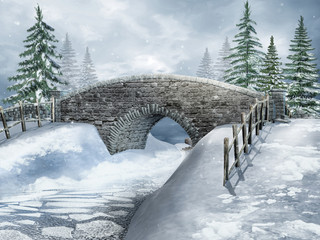 Zimowy krajobraz z kamiennym mostem nad rzeką © Obsidian Fantasy