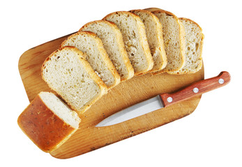 Sliced bread on a cutting board isolated over white