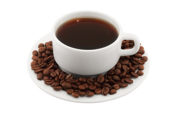 White coffee cup and saucer on a white background