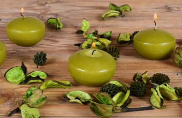 Aromatic candles On wooden background