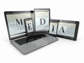 Media. Laptop, phone and tablet pc. Electronic devices. - obrazy, fototapety, plakaty