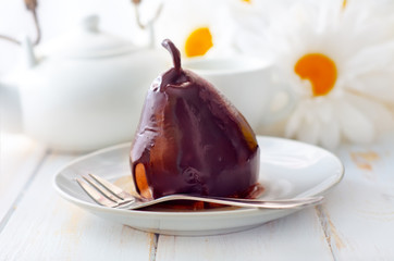Pear with chocolate, sweet food