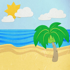 Fototapeta na wymiar Rice paper cut green tree on a white sand beach