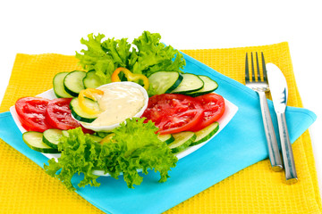 Chopped vegetables and sauce on plate isolated on white