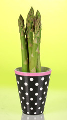 Fresh asparagus in colorful pot on green background