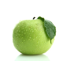 Ripe green apple with leaf isolated on white