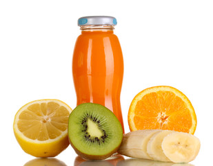 Delicious multifruit juice in a bottle and fruit next to it