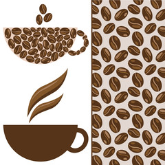 Vector coffee set, cup, coffee beans and pattern