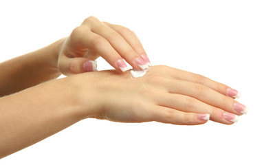 Beautiful woman hands with cream, isolated on white