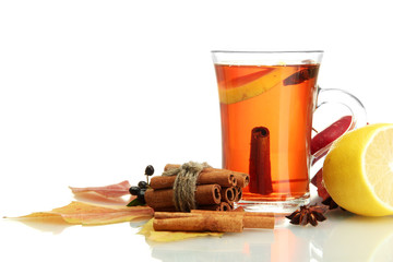 cup of hot tea and autumn leaves, isolated on white