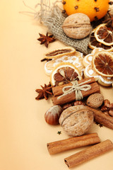 composition of christmas spices, on beige background