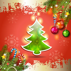 Christmas card with pine tree over red background