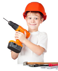 cheerful little boy with electric screwdriver