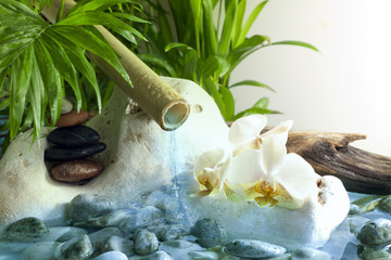 Orchids and zen stones with falling water spa concept