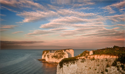 Old Harry Rocks Jurassic Coast UNESCO Dorset England at sunset
