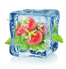 Ice cube and strawberry isolated