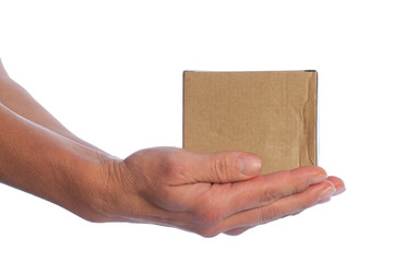 Cardboard box in hands.