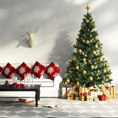 Decorated Christmas tree with gifts, sofa, table, interior