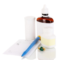 Pharmacist prescription with drops and pills isolated on white