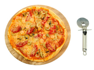 tasty pizza with pizza cutter isolated on white