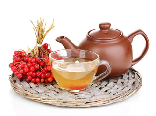tea with red viburnum isolated on white