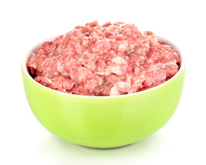 Bowl of raw ground meat isolated on white
