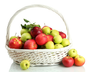 juicy apples with green leaves in basket, isolated on white